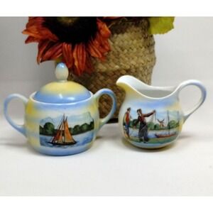 Vintage‎ Porcelain Creamer and Sugar Bavaria Eleanor Windmills Fisherman Boat